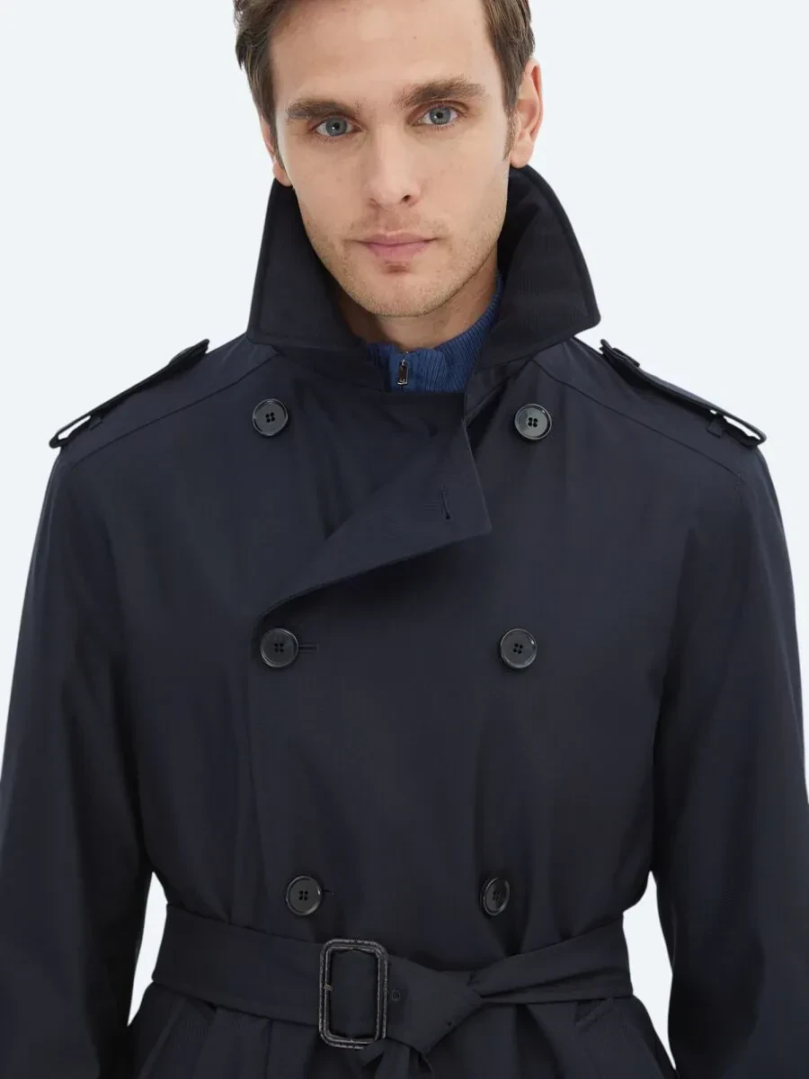 Lacivert Regular Fit Kruvaze Yaka Casual Dokuma Pardesü - 8