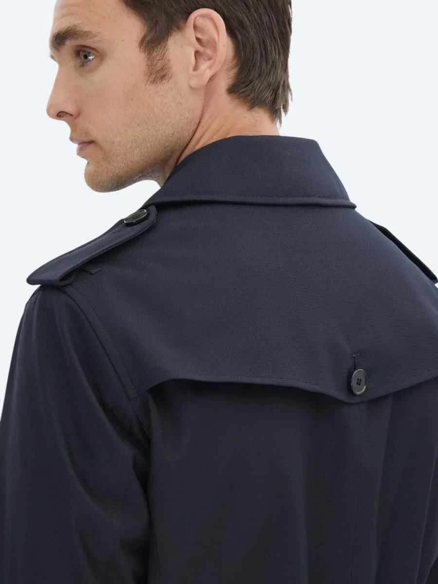 Lacivert Regular Fit Kruvaze Yaka Casual Dokuma Pardesü - 9