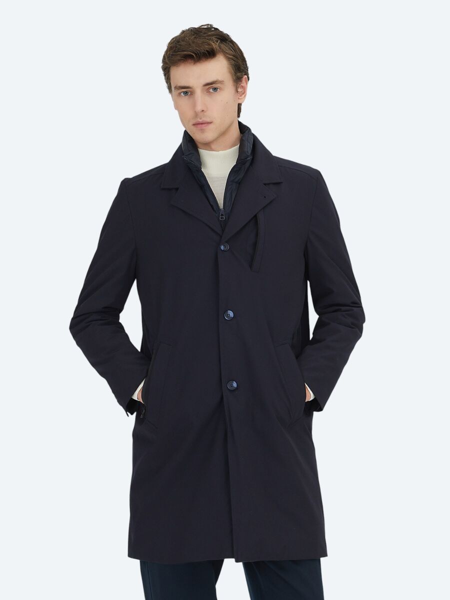 Lacivert Regular Fit Kruvaze Yaka Casual Dokuma Pardösü - 2