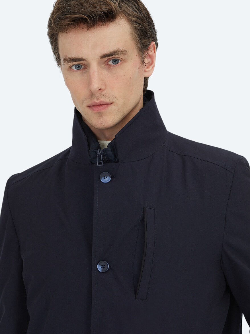 Lacivert Regular Fit Kruvaze Yaka Casual Dokuma Pardösü - 3