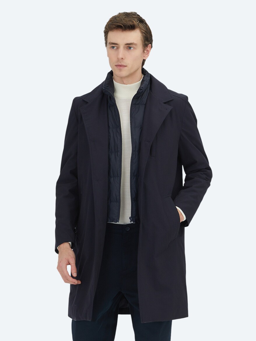 Lacivert Regular Fit Kruvaze Yaka Casual Dokuma Pardösü - 4