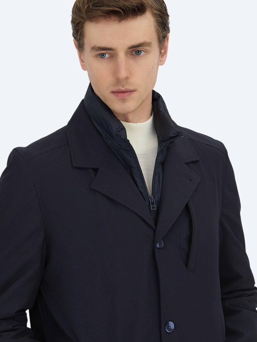 Lacivert Regular Fit Kruvaze Yaka Casual Dokuma Pardösü - 5