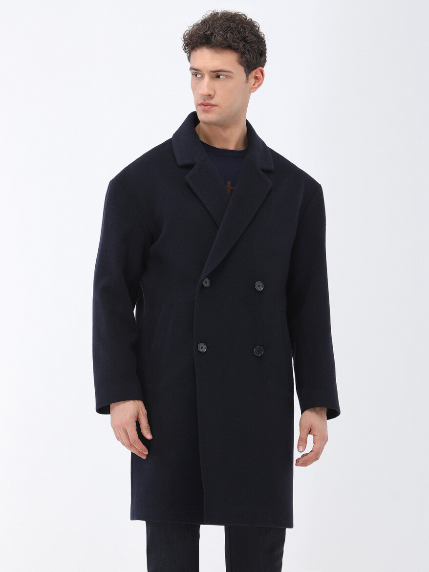 Lacivert Regular Fit Kruvaze Yaka Casual Örme Palto - 1