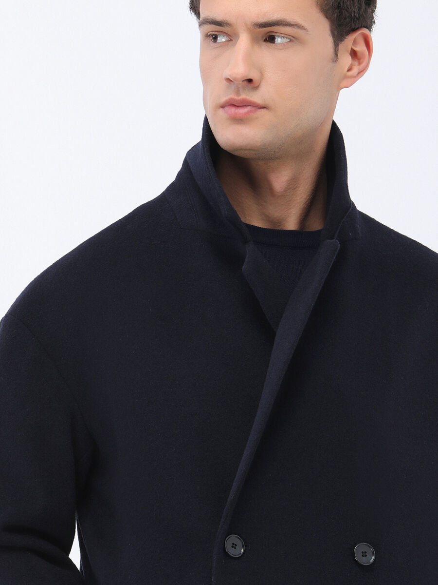 Lacivert Regular Fit Kruvaze Yaka Casual Örme Palto - 3