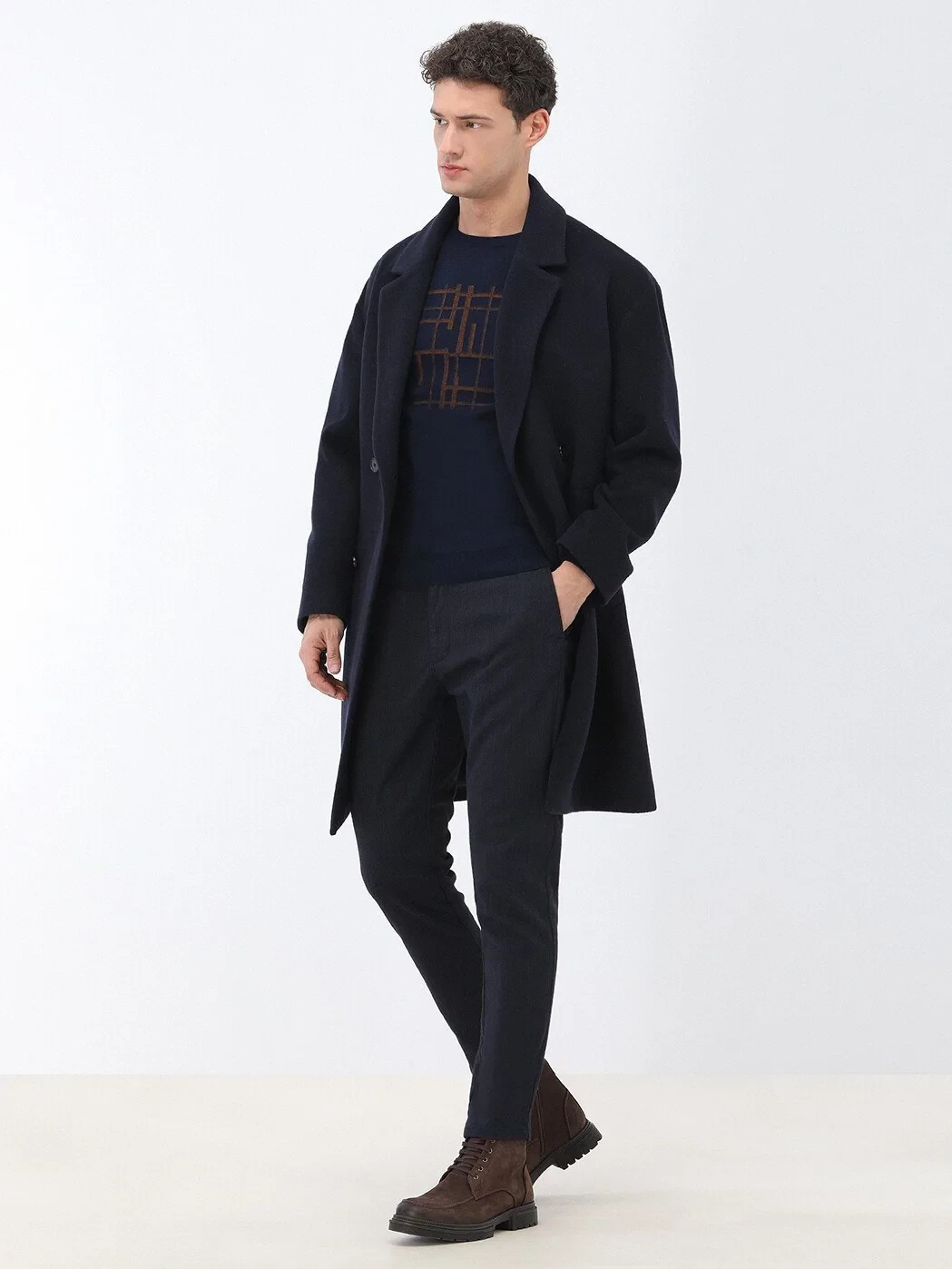 Lacivert Regular Fit Kruvaze Yaka Casual Örme Palto - 2