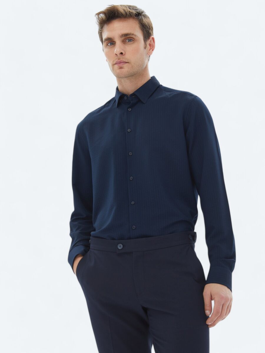 Lacivert Regular Fit Uzun Dokuma Casual Gömlek - 1