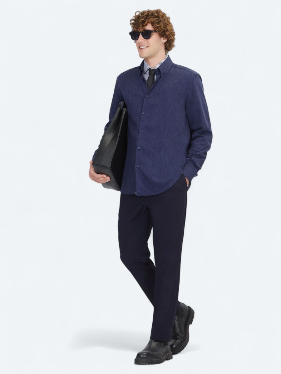 Lacivert Regular Fit Uzun Dokuma Casual Gömlek - 3