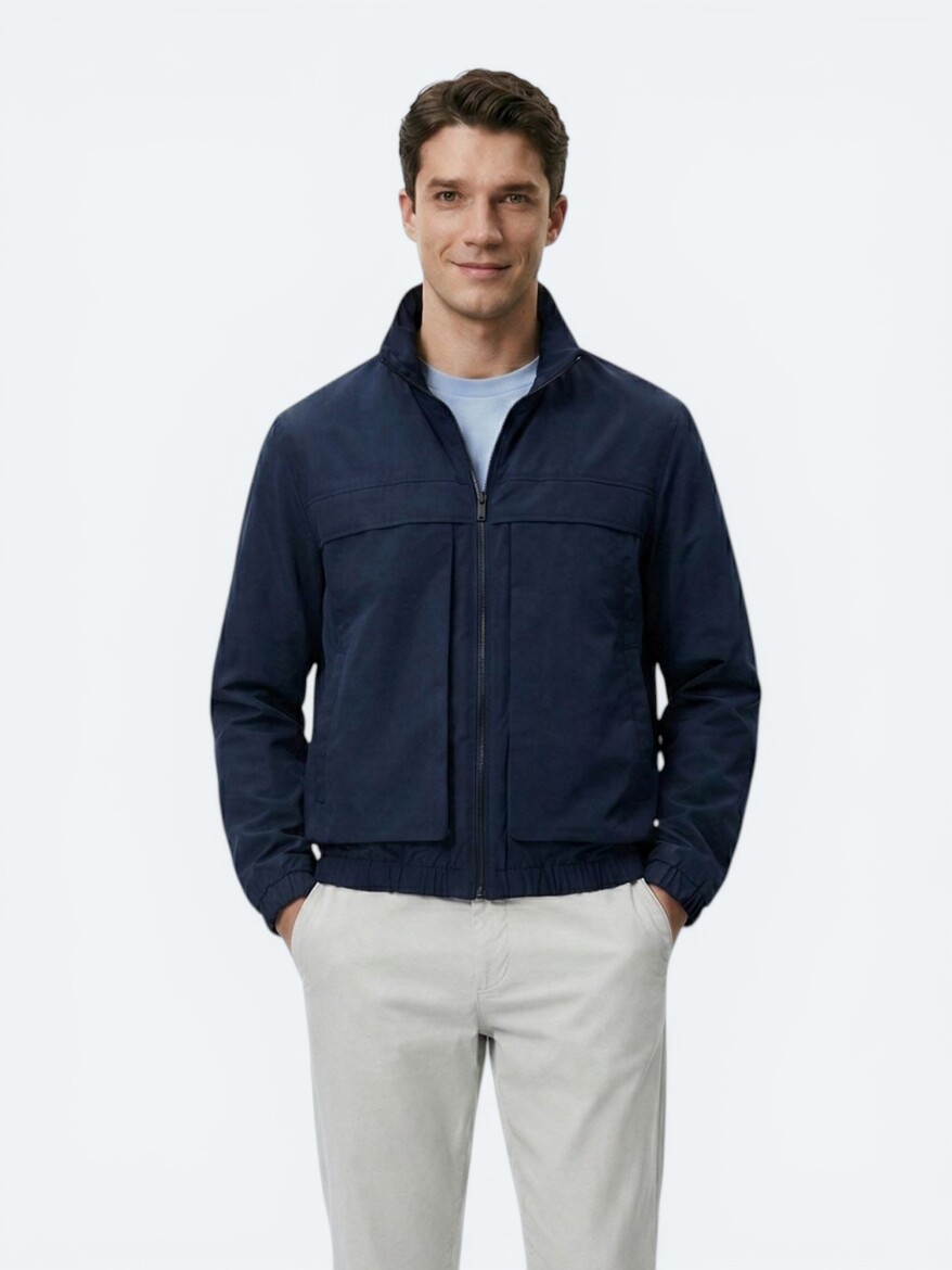 Lacivert Relaxed Fit Dik Yaka Casual Dokuma Mont - 1