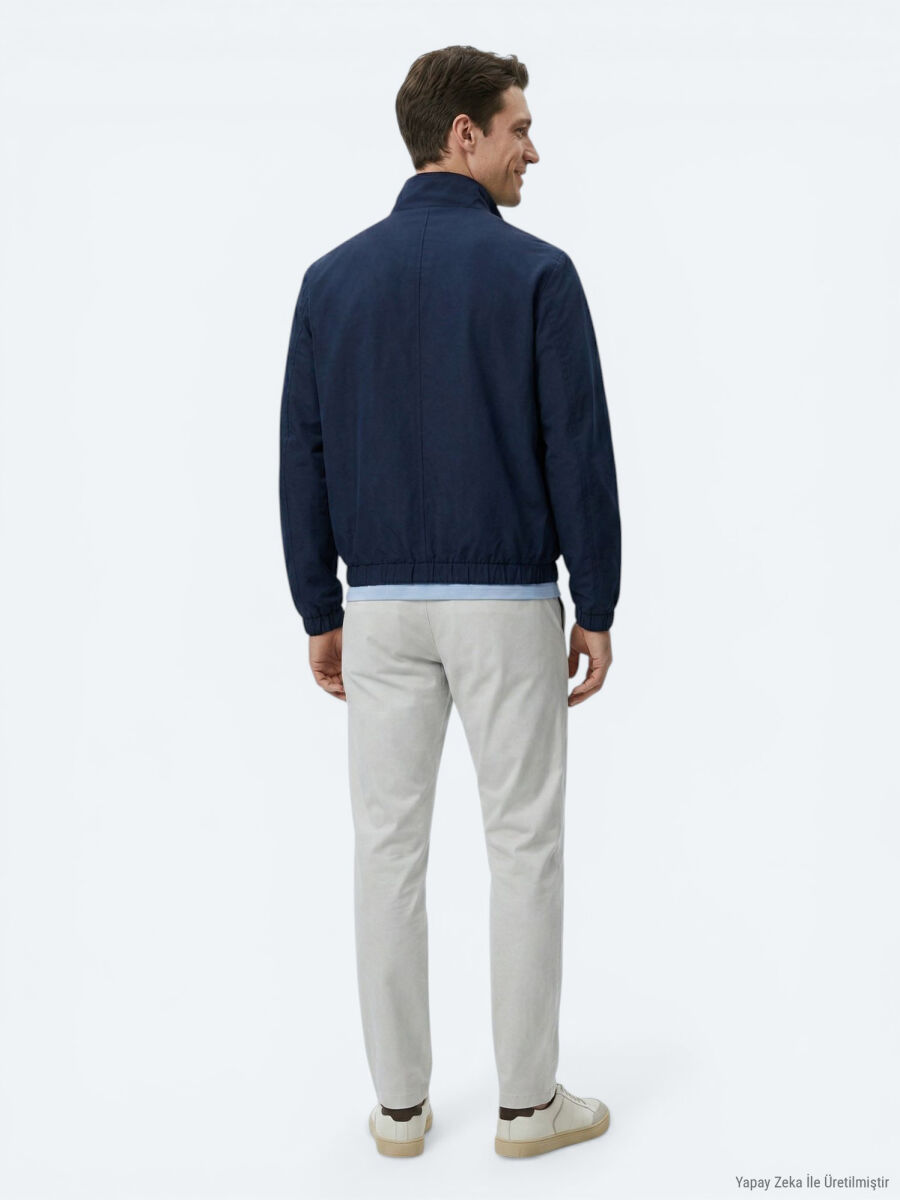 Lacivert Relaxed Fit Dik Yaka Casual Dokuma Mont - 5