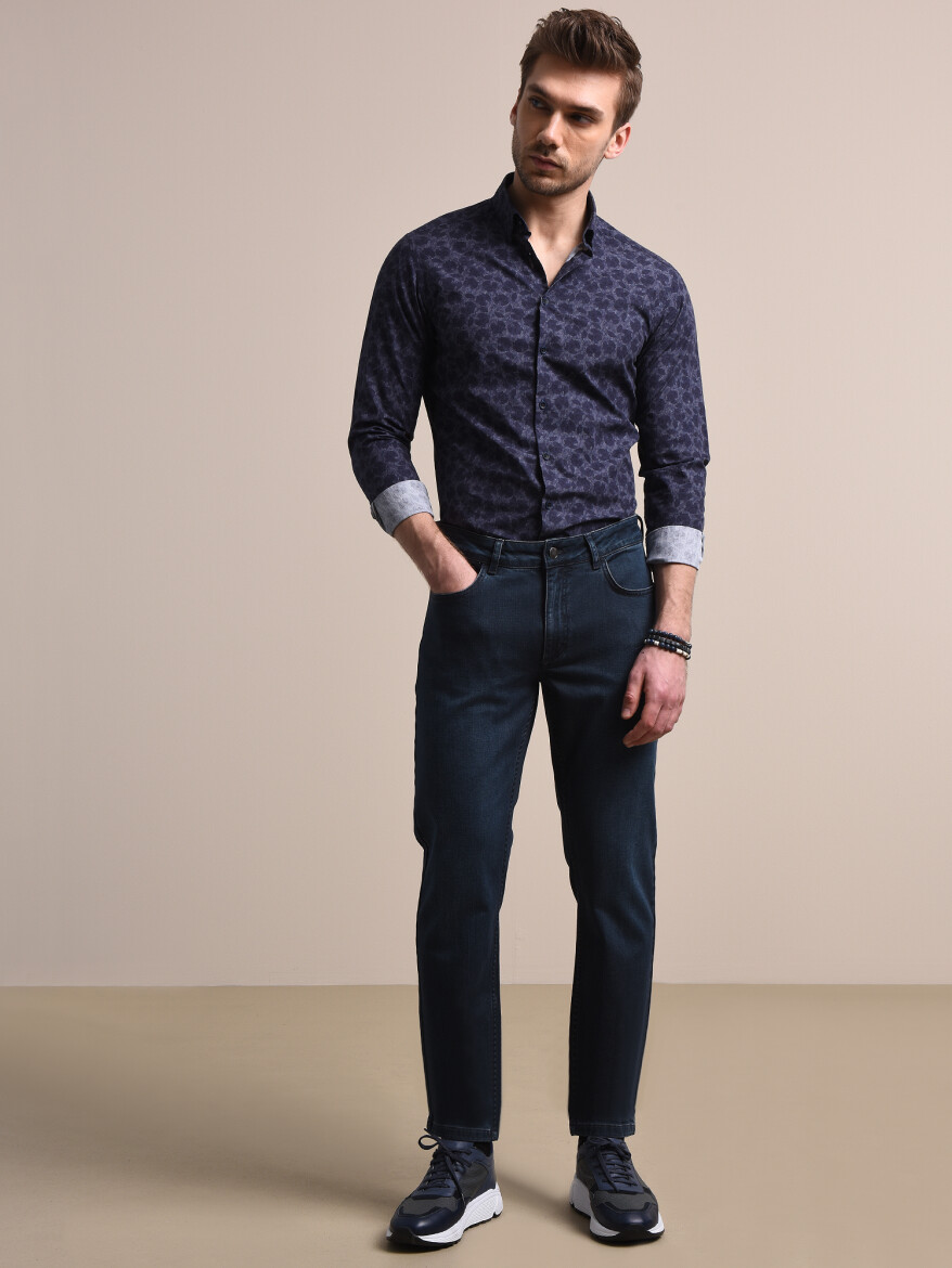 Lacivert Slim Fit Denim Pamuk Karışımlı Pantolon - 1