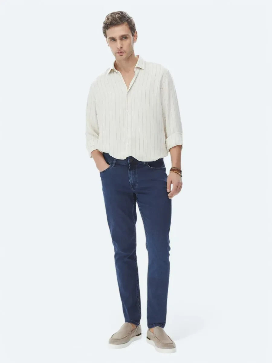 Lacivert Slim Fit Denim Pamuk Karışımlı Pantolon - 1