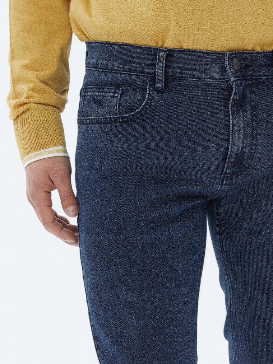 Lacivert Slim Fit Denim Pamuk Karışımlı Pantolon - 4