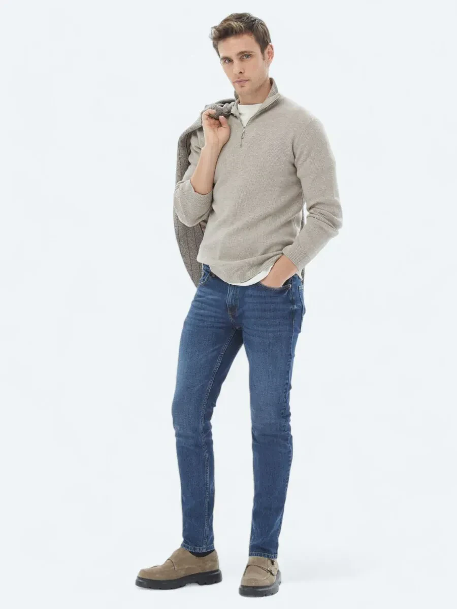 Lacivert Slim Fit Denim Pamuk Karışımlı Pantolon - 1