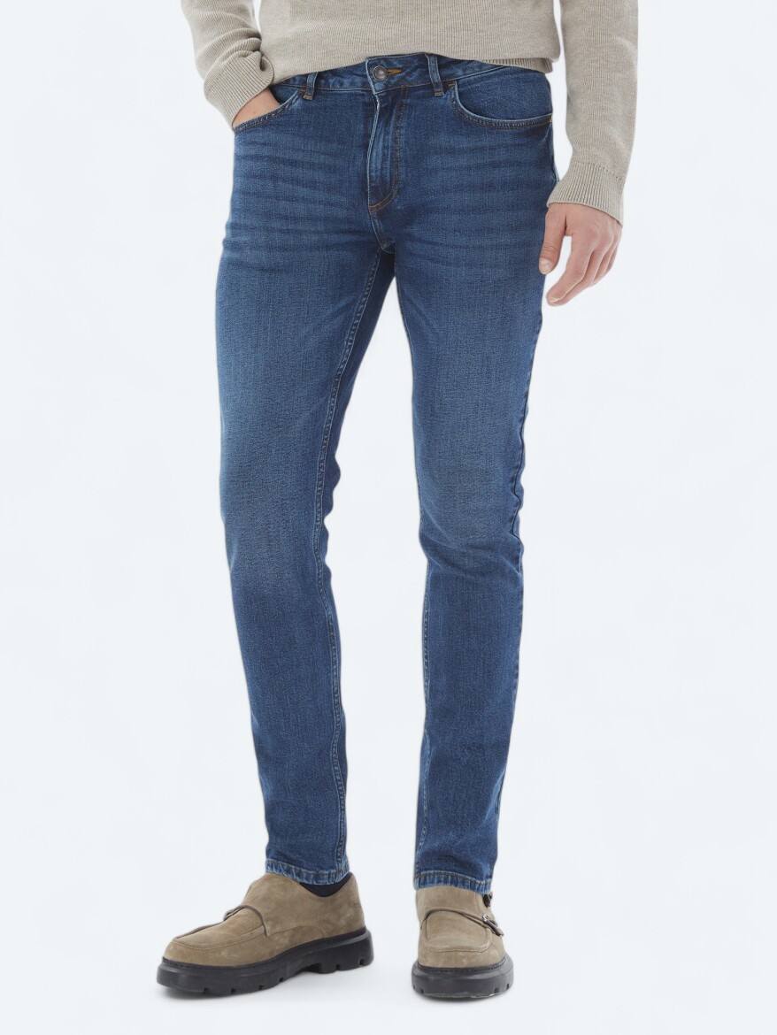 Lacivert Slim Fit Denim Pamuk Karışımlı Pantolon - KİP