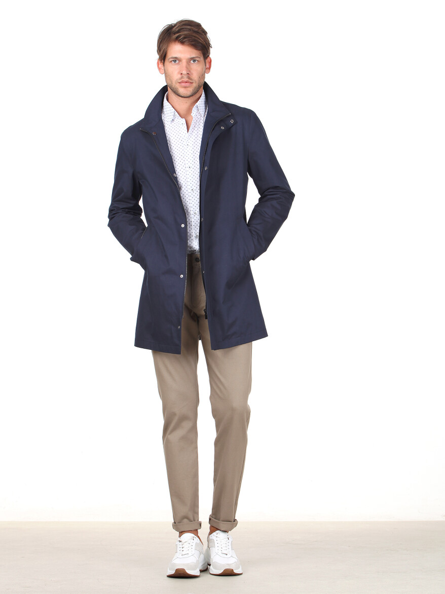Lacivert Slim Fit Dik Yaka Klasik Dokuma Pardösü - 3