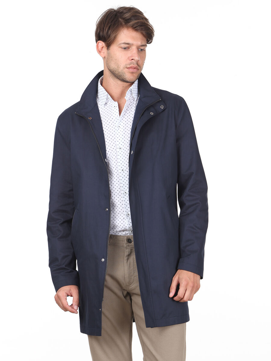 Lacivert Slim Fit Dik Yaka Klasik Dokuma Pardösü - 4