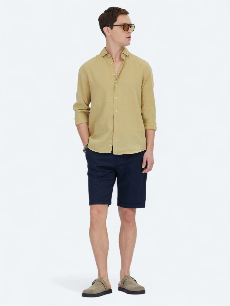 Lemon Mold Plain Weaving Casual Cotton Blended Shirt - 2