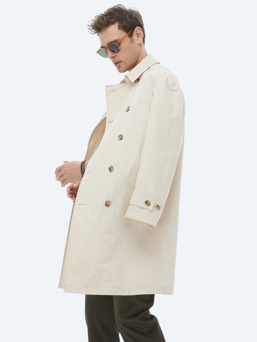 Light Beige Oversize Fit Double Breasted Collar Casual Weaving Rain Coat - 3