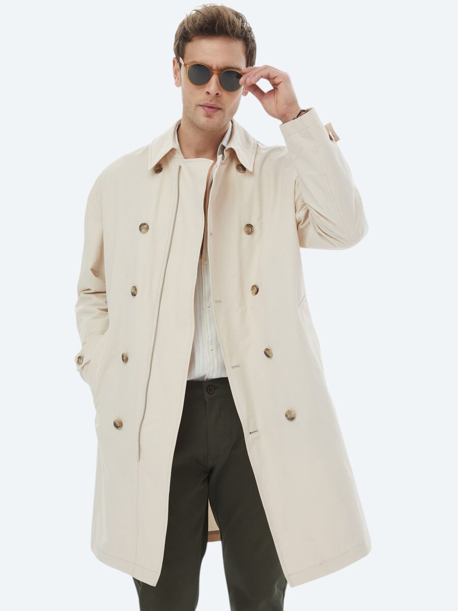 Light Beige Oversize Fit Double Breasted Collar Casual Weaving Rain Coat - 5