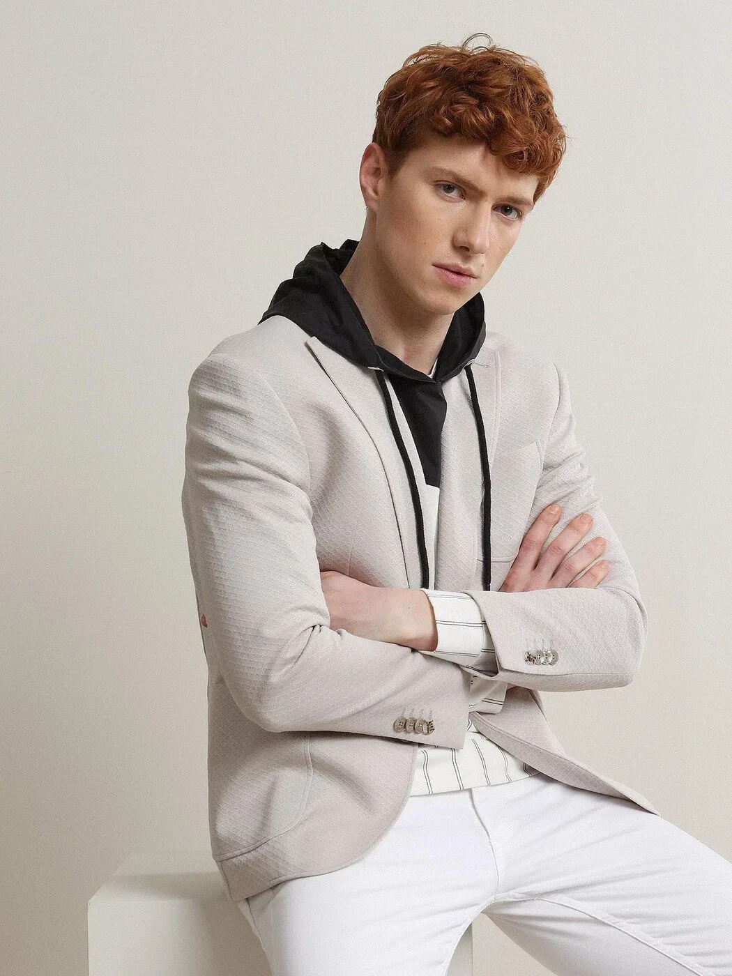 Light Beige Patterned Modern Fit Jacket - 3