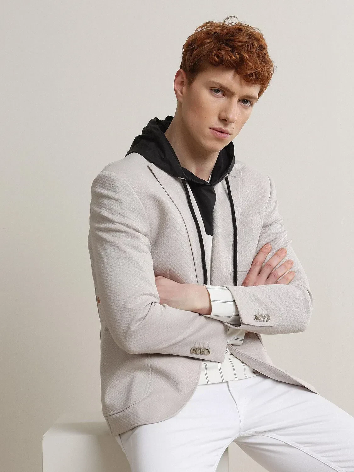 Light Beige Patterned Modern Fit Jacket - 3