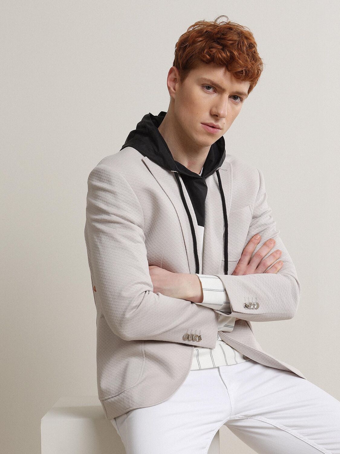 Light Beige Patterned Modern Fit Jacket - 3