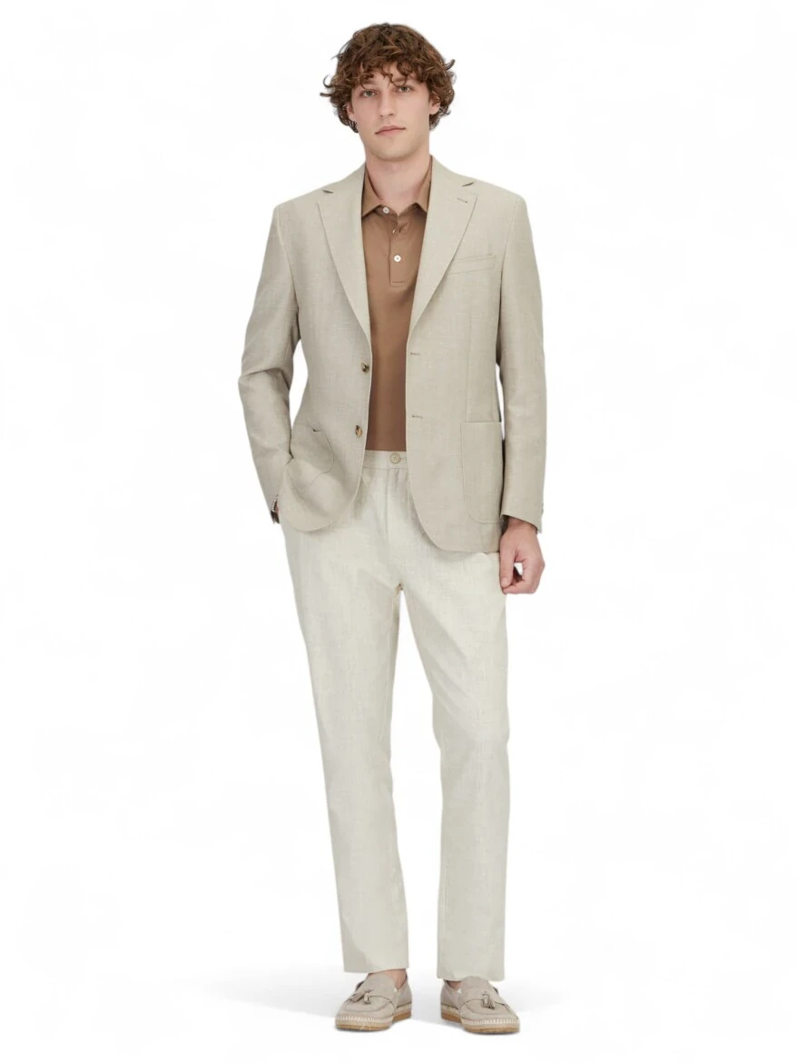 Light Beige Plain Modern Fit Wool Blended Jacket - 2