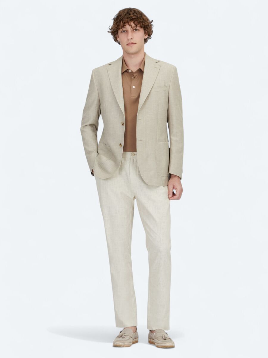 Light Beige Plain Modern Fit Wool Blended Jacket - 2