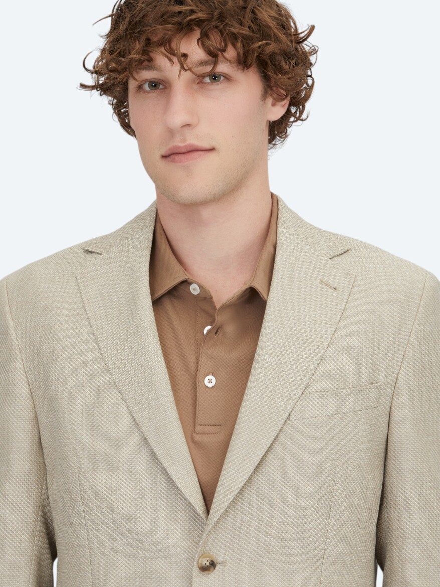 Light Beige Plain Modern Fit Wool Blended Jacket - 4