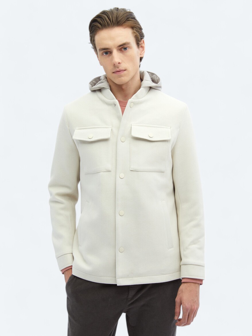 Light Beige Regular Fit Hooded Casual Weaving Coat - KİP