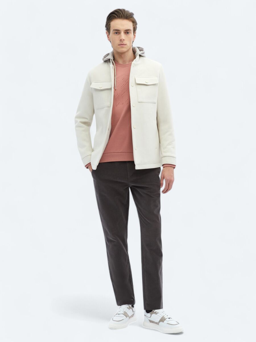 Light Beige Regular Fit Hooded Casual Weaving Coat - 2