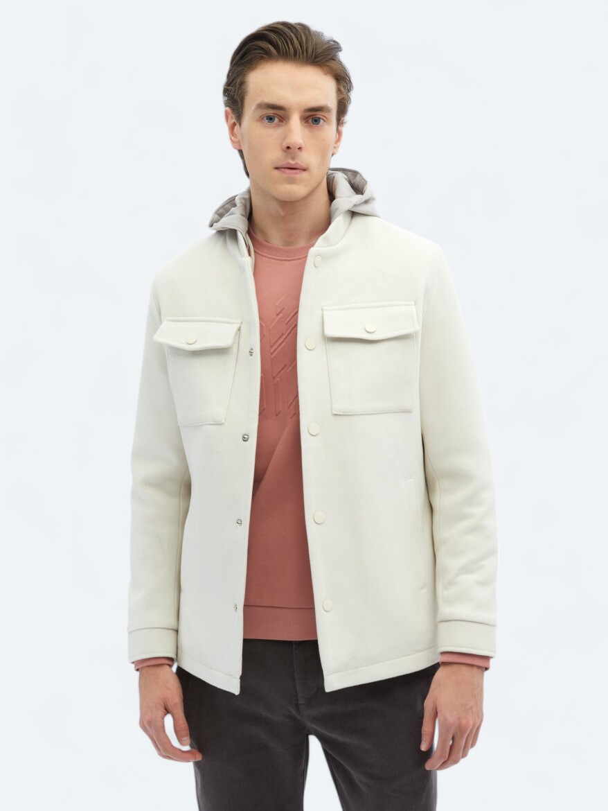 Light Beige Regular Fit Hooded Casual Weaving Coat - 3