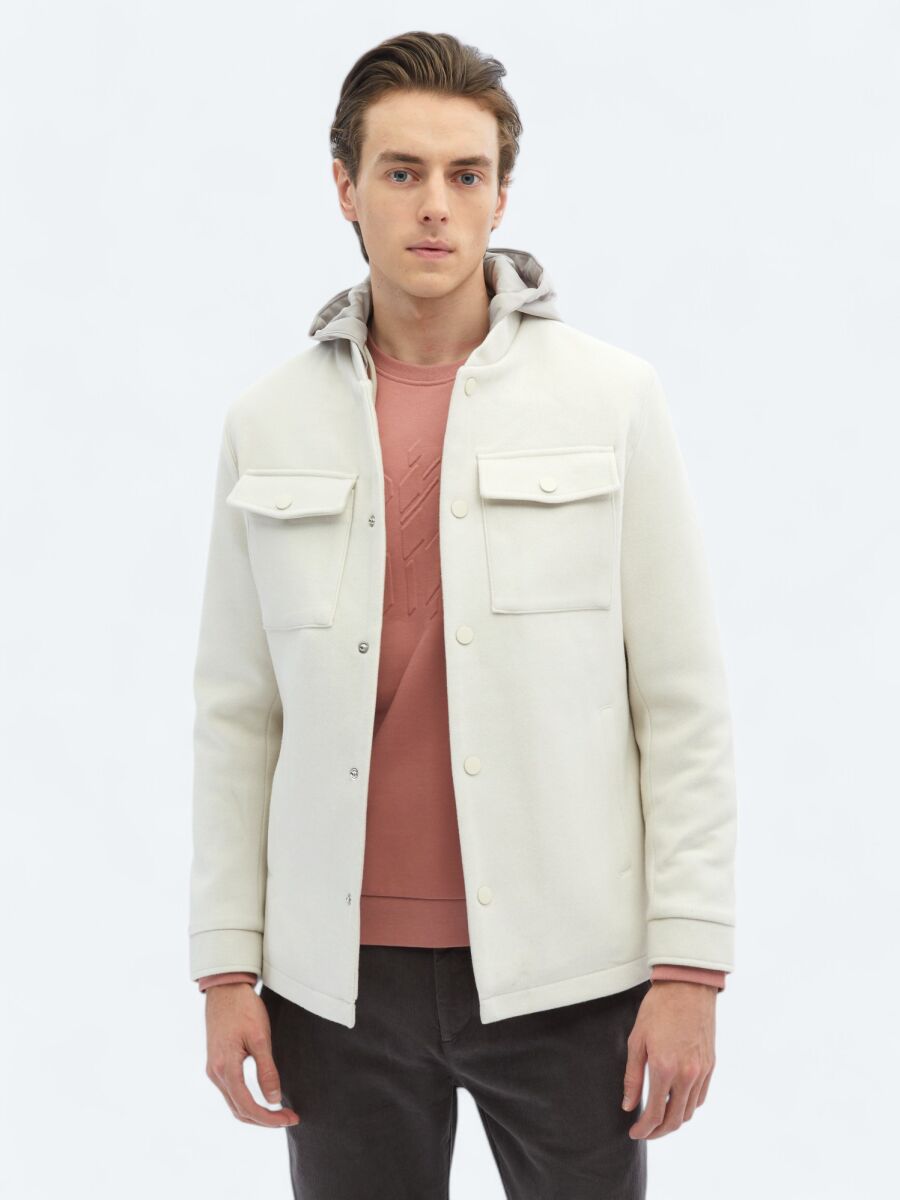 Light Beige Regular Fit Hooded Casual Weaving Coat - 3