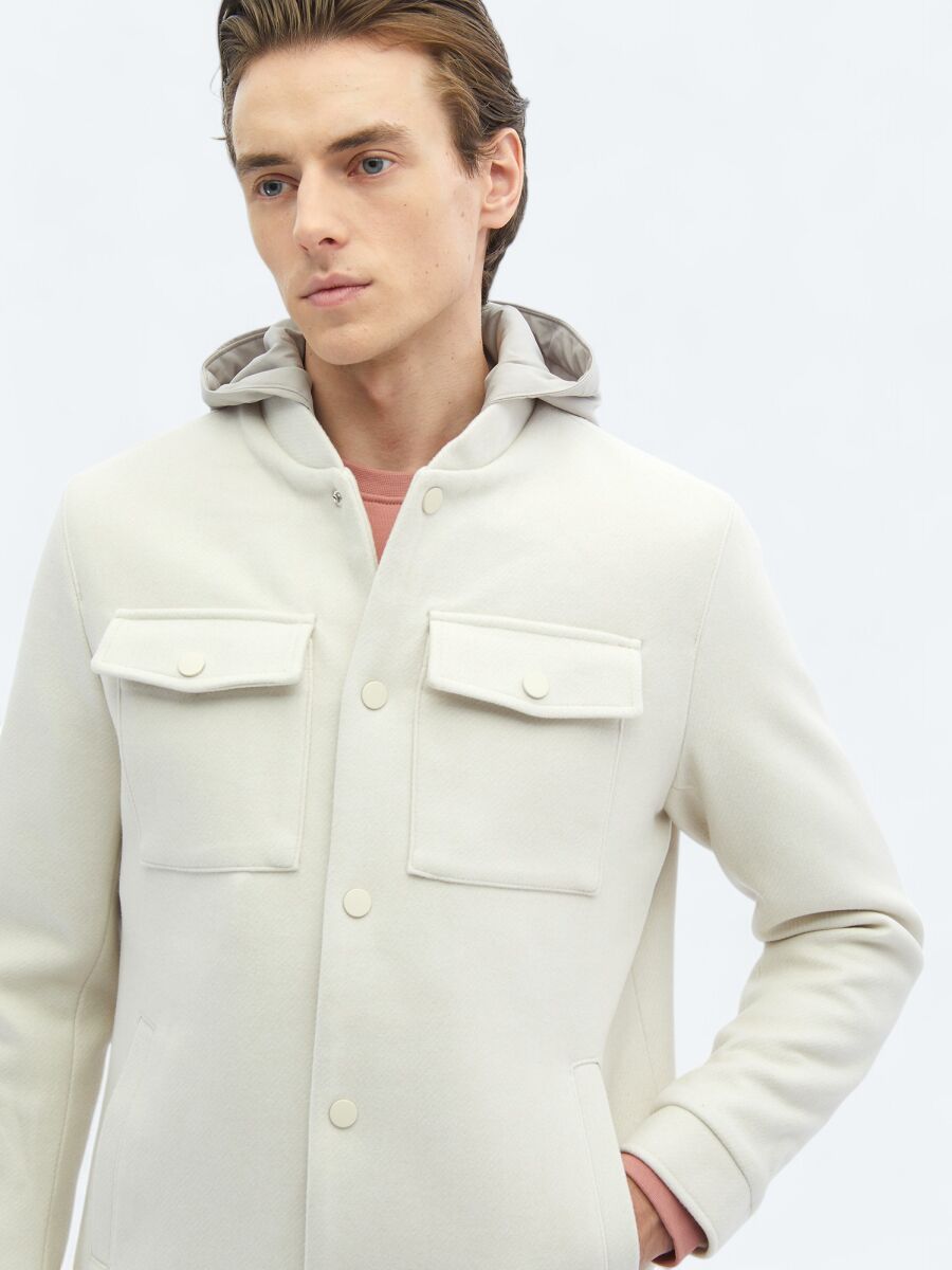 Light Beige Regular Fit Hooded Casual Weaving Coat - 4