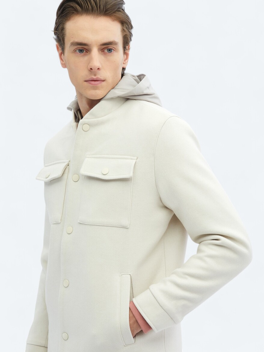 Light Beige Regular Fit Hooded Casual Weaving Coat - 5