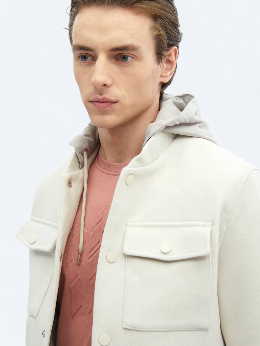 Light Beige Regular Fit Hooded Casual Weaving Coat - 6