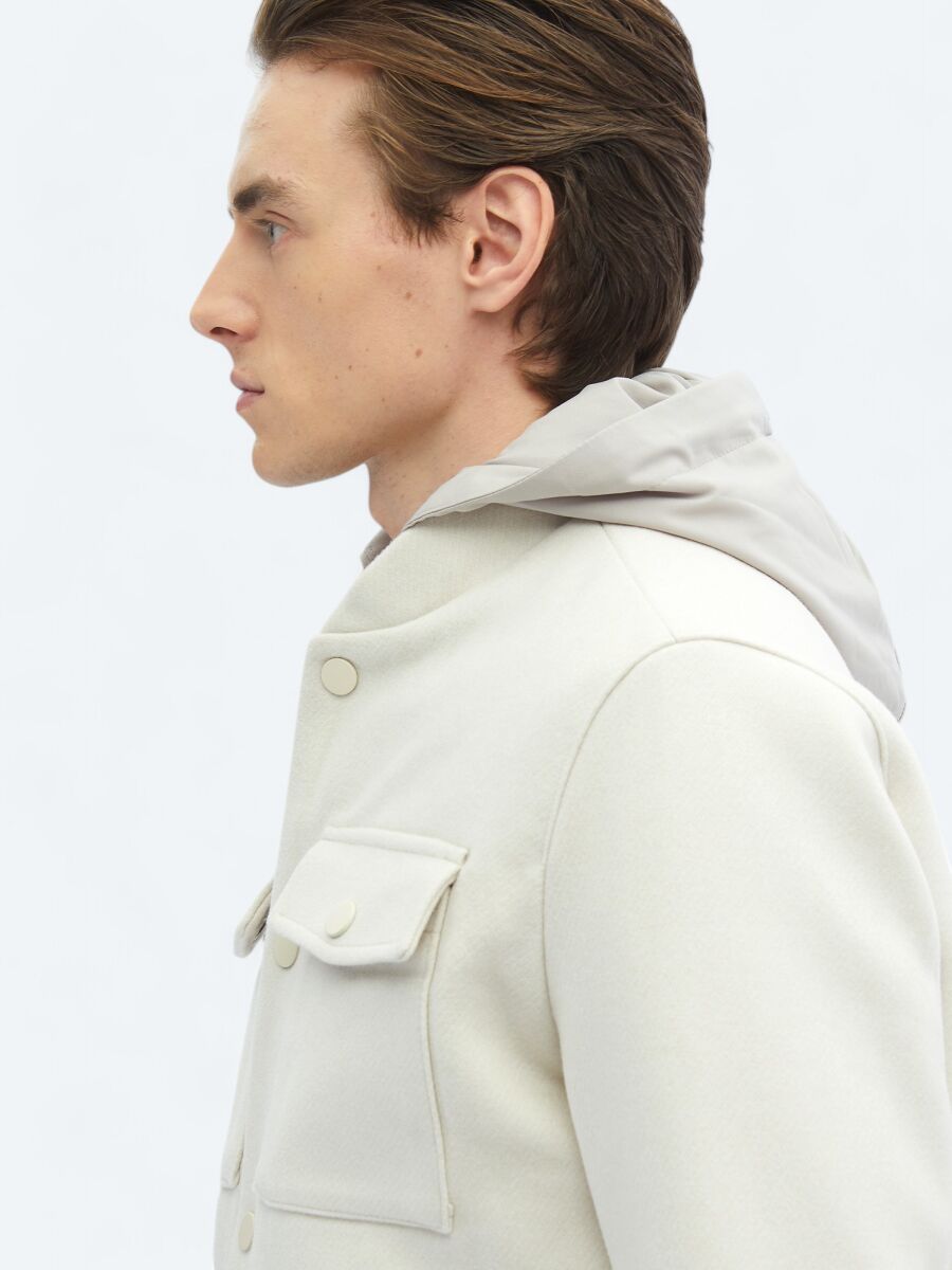 Light Beige Regular Fit Hooded Casual Weaving Coat - 7
