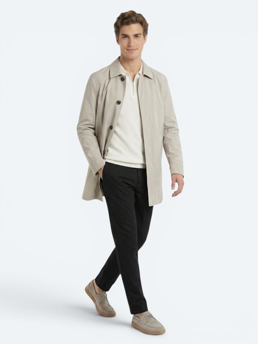 Light Beige Regular Fit Shirt Collar Casual Weaving Rain Coat - 3