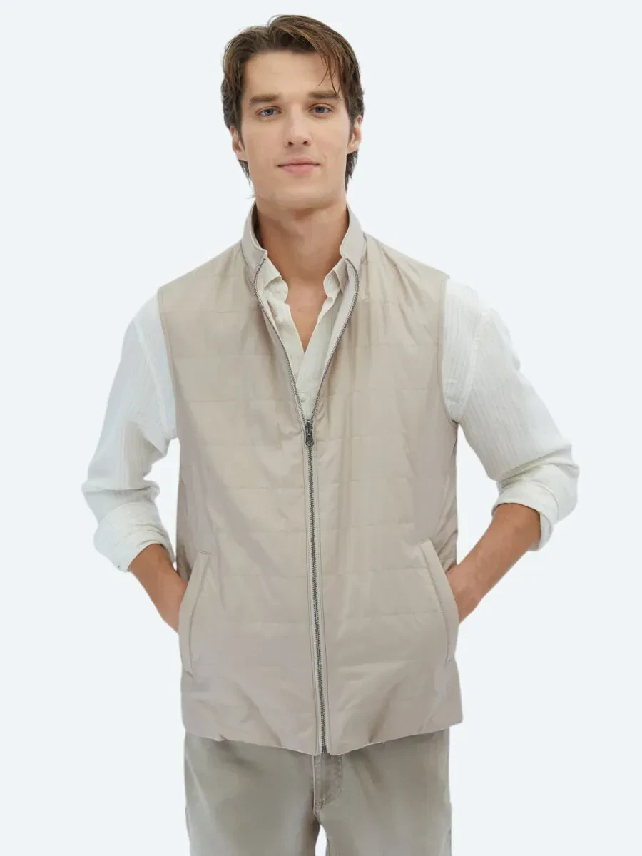 Light Beige Regular Fit Turtleneck Casual Weaving Puffer Vest - 1