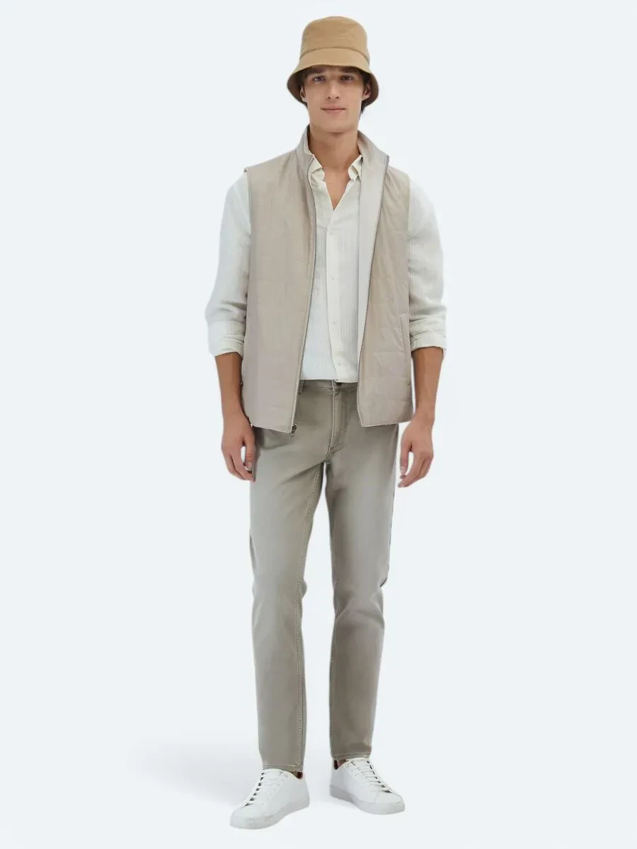 Light Beige Regular Fit Turtleneck Casual Weaving Puffer Vest - 2