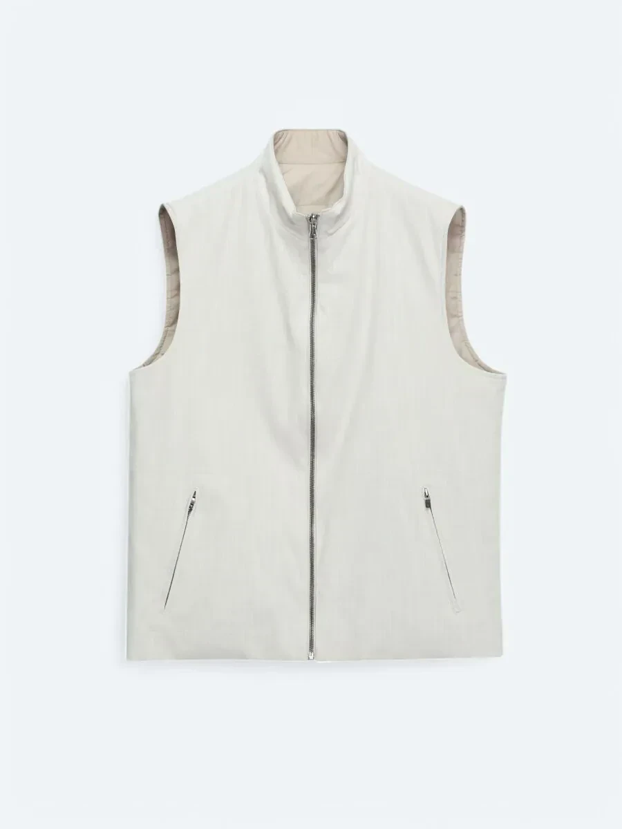 Light Beige Regular Fit Turtleneck Casual Weaving Puffer Vest - 9