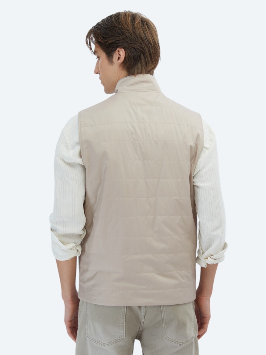 Light Beige Regular Fit Turtleneck Casual Weaving Puffer Vest - 7