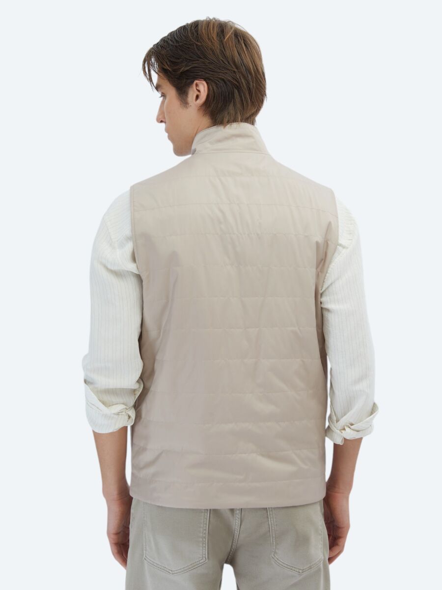 Light Beige Regular Fit Turtleneck Casual Weaving Puffer Vest - 7