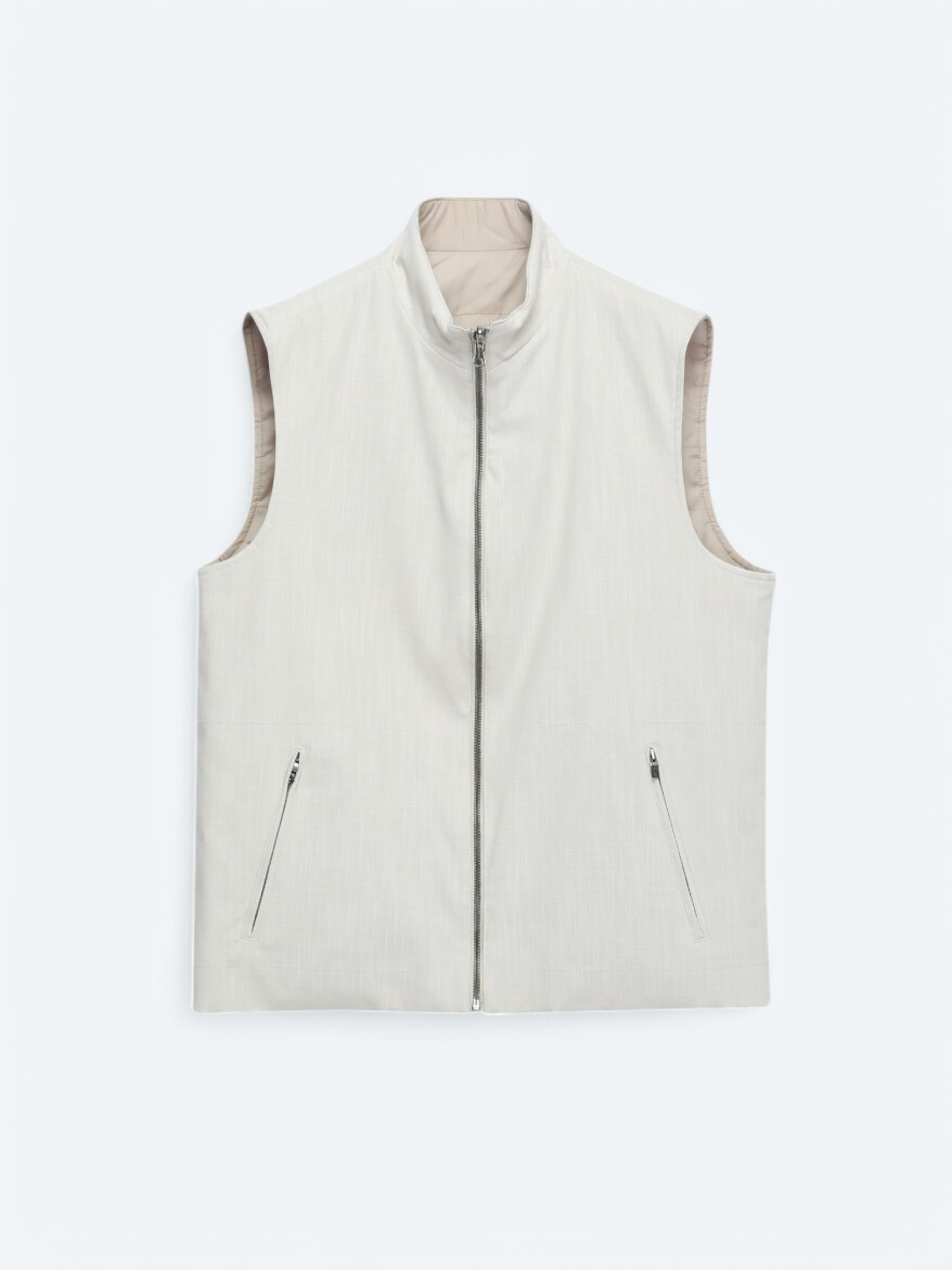 Light Beige Regular Fit Turtleneck Casual Weaving Puffer Vest - 9