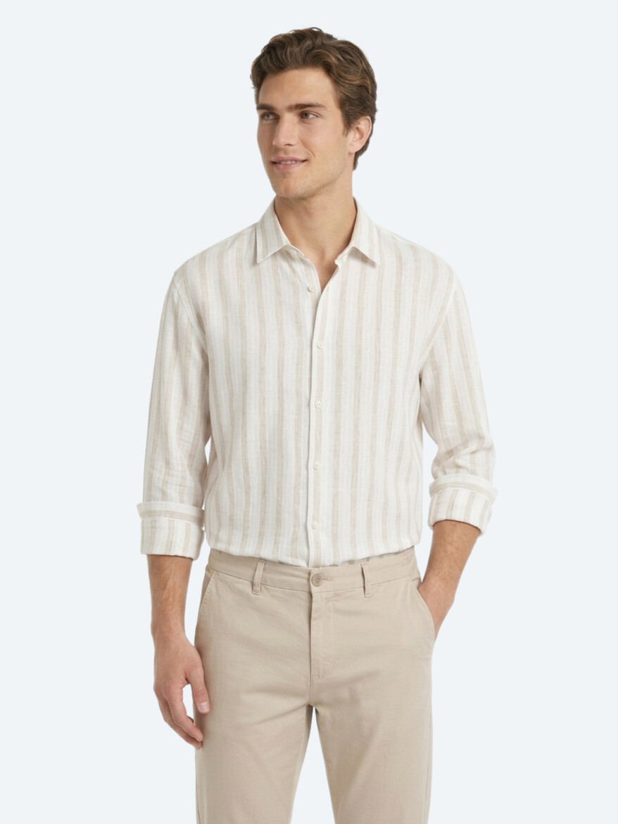 Light Beige Striped Oversize Fit Long Weaving Casual Linen Blended Shirt - 3