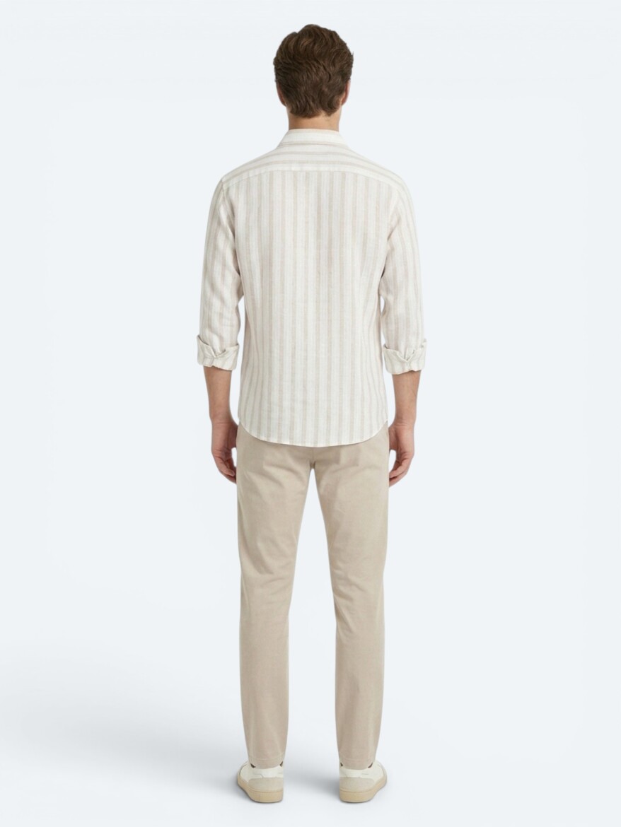 Light Beige Striped Oversize Fit Long Weaving Casual Linen Blended Shirt - 5