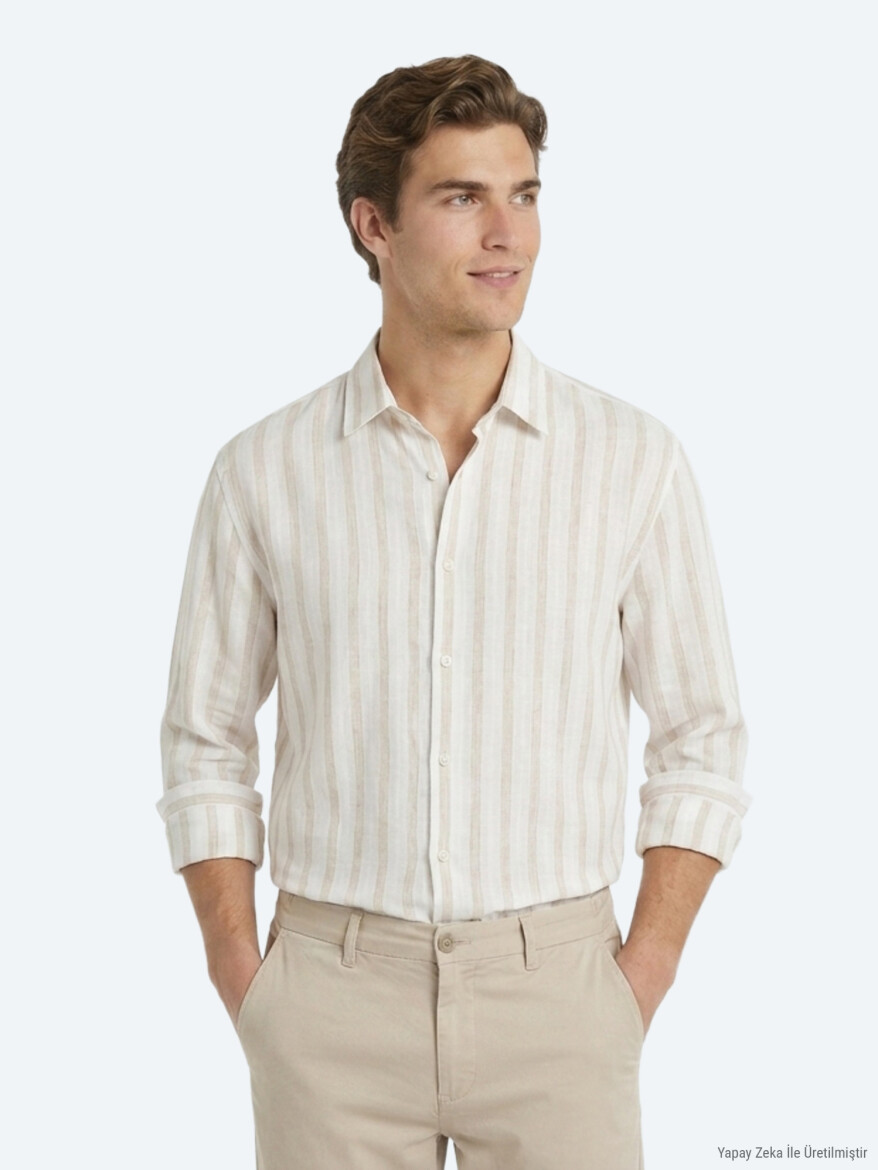 Light Beige Striped Oversize Fit Long Weaving Casual Linen Blended Shirt - KİP