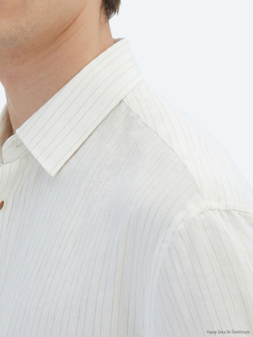 Light Beige Striped Oversize Fit Long Weaving Casual Linen Blended Shirt - KİP