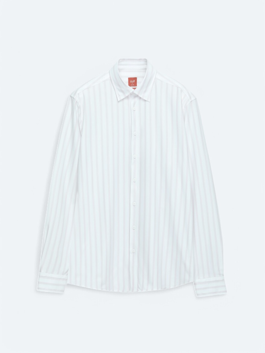 Light Beige Striped Regular Fit Long Knitting Casual Cotton Blended Shirt - 6