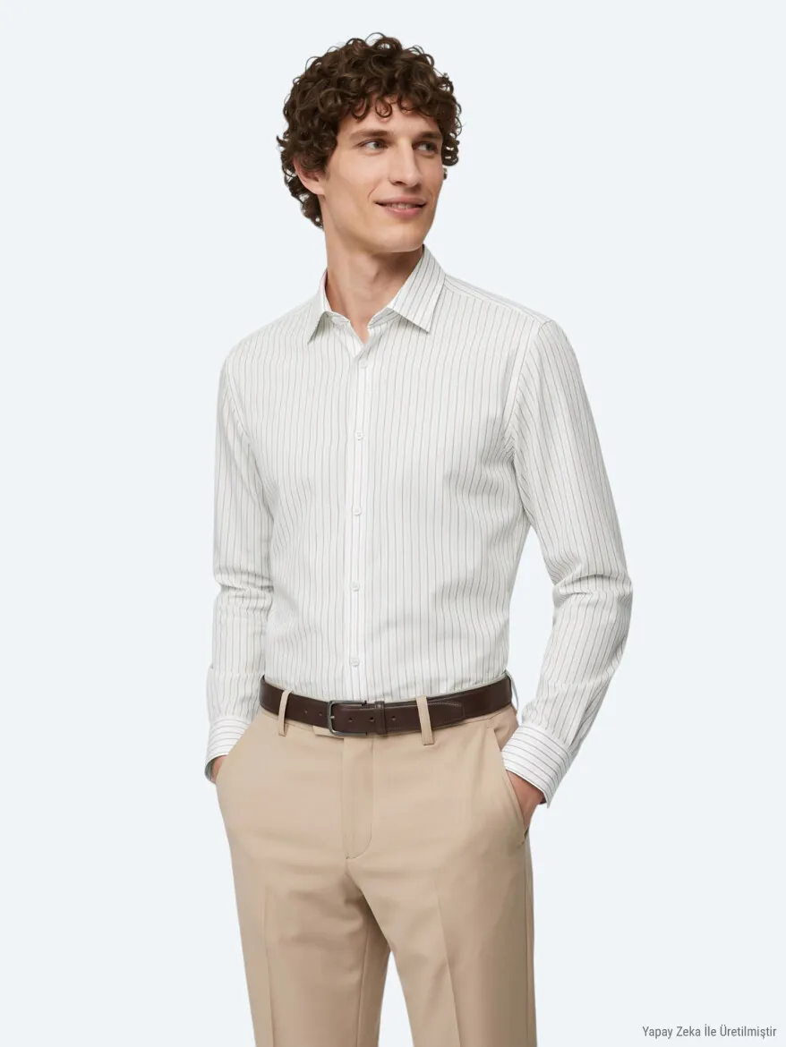 Light Beige Striped Regular Fit Long Weaving Casual 100% Cotton Shirt - KİP